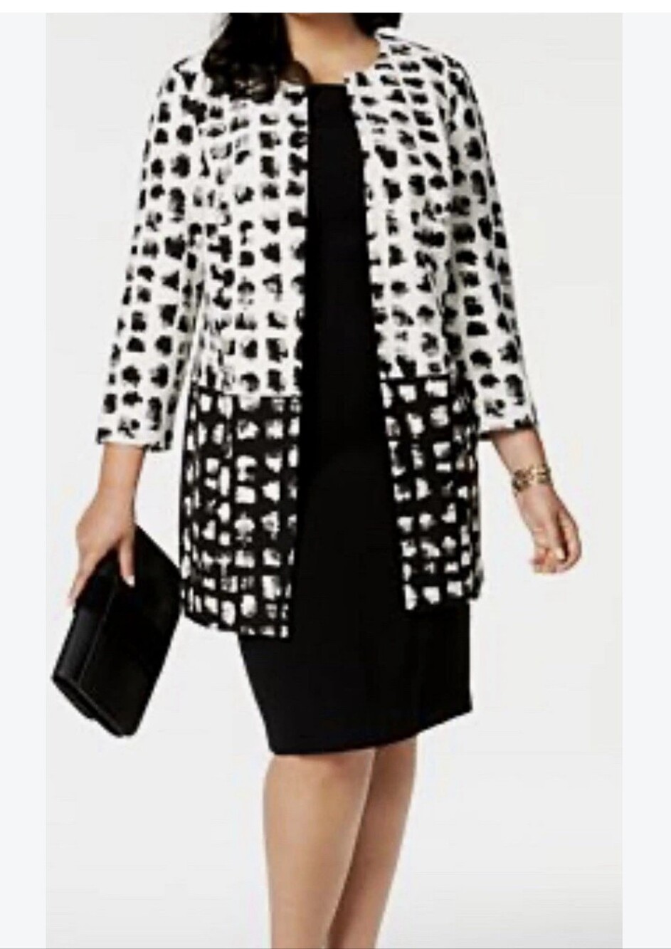 Kasper Black and White Patterned Long Open-Front Blazer